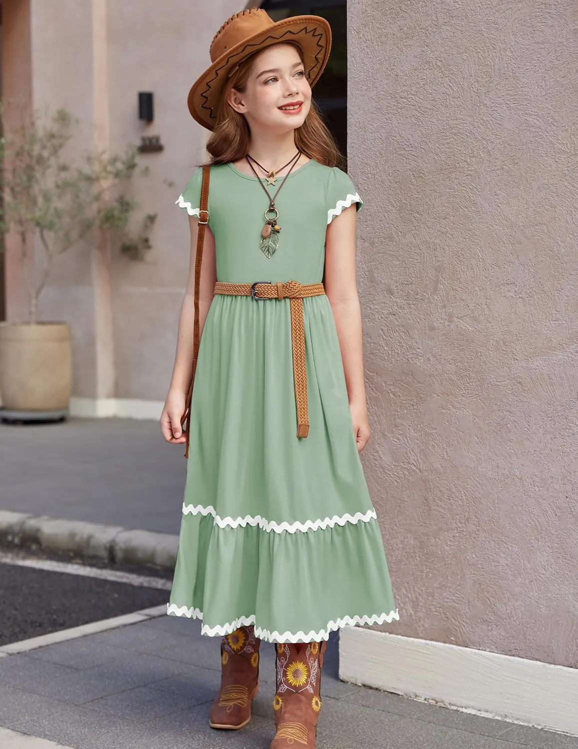 Arshiner Girls Summer Maxi Dresses Short Sleeve Casual Flowy Tiered Dress with Pockets for 4-14 Years