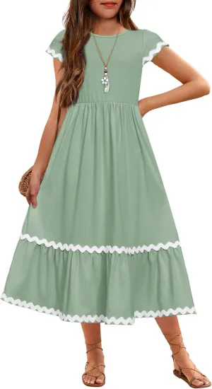 Arshiner Girls Summer Maxi Dresses Short Sleeve Casual Flowy Tiered Dress with Pockets for 4-14 Years
