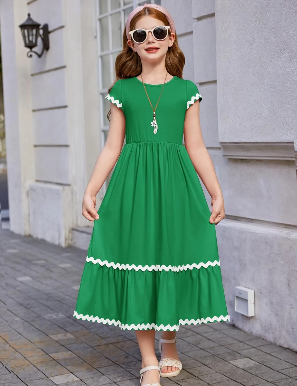 Arshiner Girls Summer Maxi Dresses Short Sleeve Casual Flowy Tiered Dress with Pockets for 4-14 Years