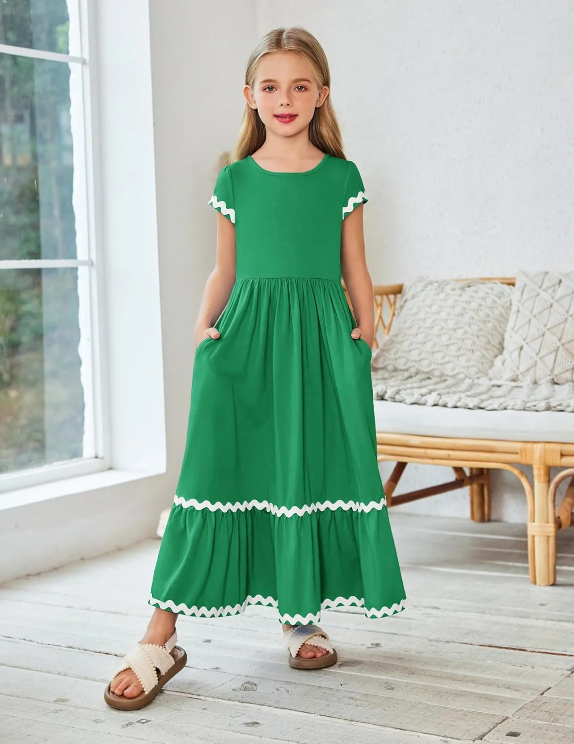 Arshiner Girls Summer Maxi Dresses Short Sleeve Casual Flowy Tiered Dress with Pockets for 4-14 Years