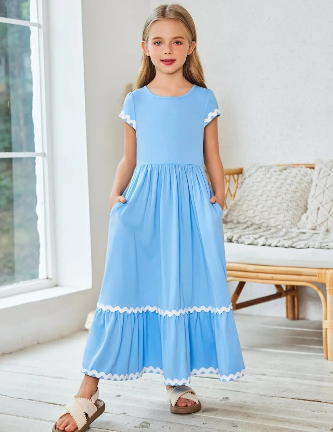 Arshiner Girls Summer Maxi Dresses Short Sleeve Casual Flowy Tiered Dress with Pockets for 4-14 Years