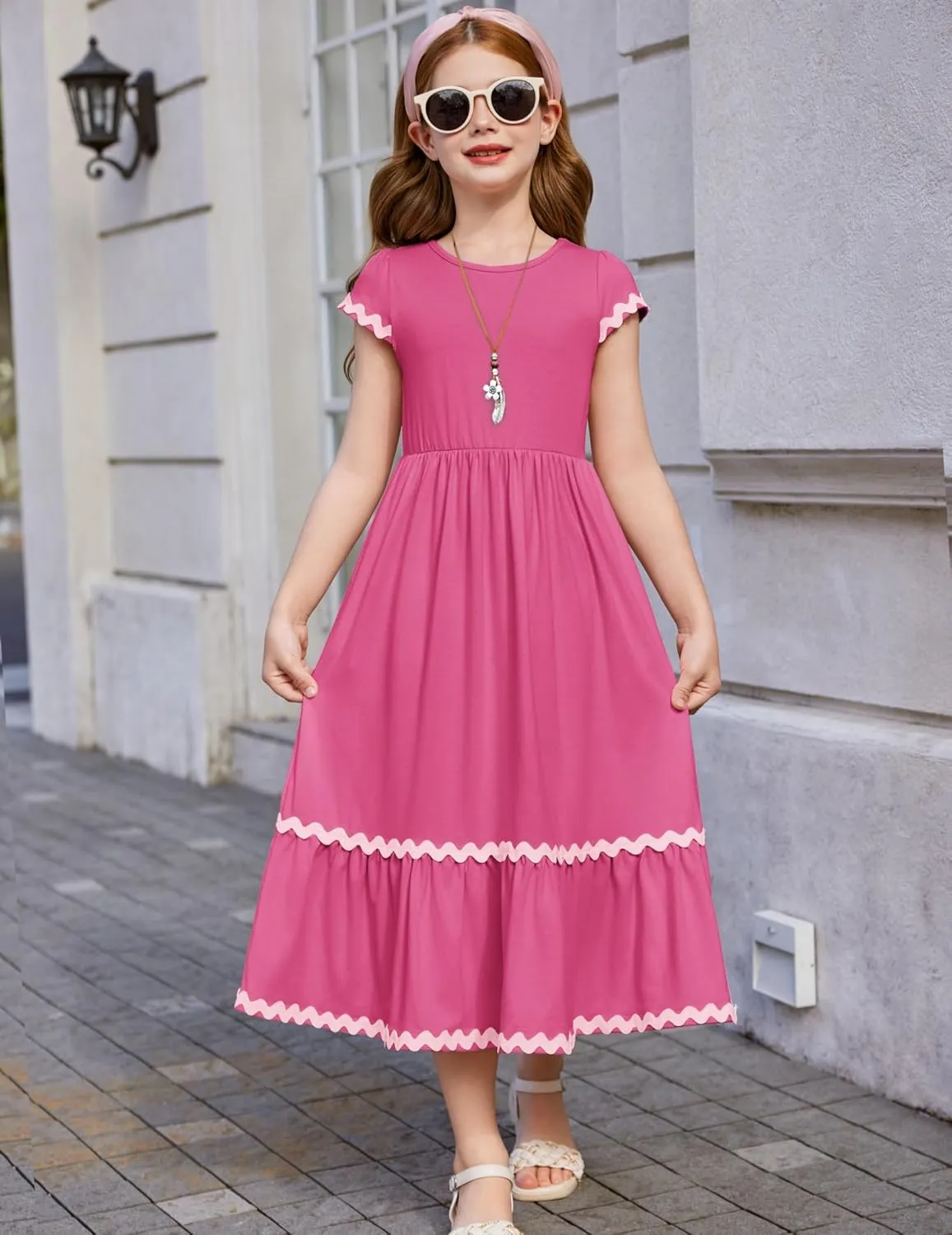 Arshiner Girls Summer Maxi Dresses Short Sleeve Casual Flowy Tiered Dress with Pockets for 4-14 Years