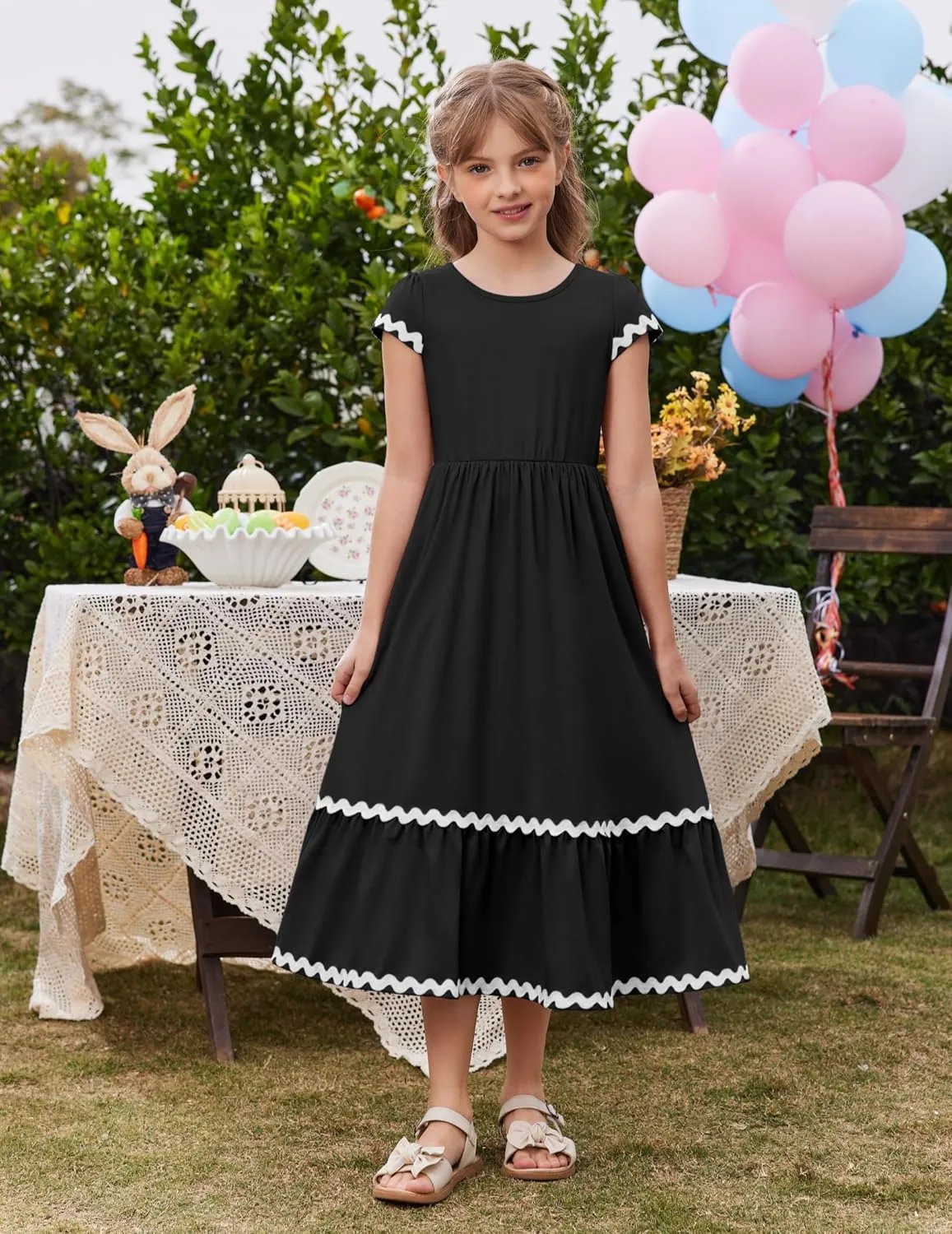 Arshiner Girls Summer Maxi Dresses Short Sleeve Casual Flowy Tiered Dress with Pockets for 4-14 Years