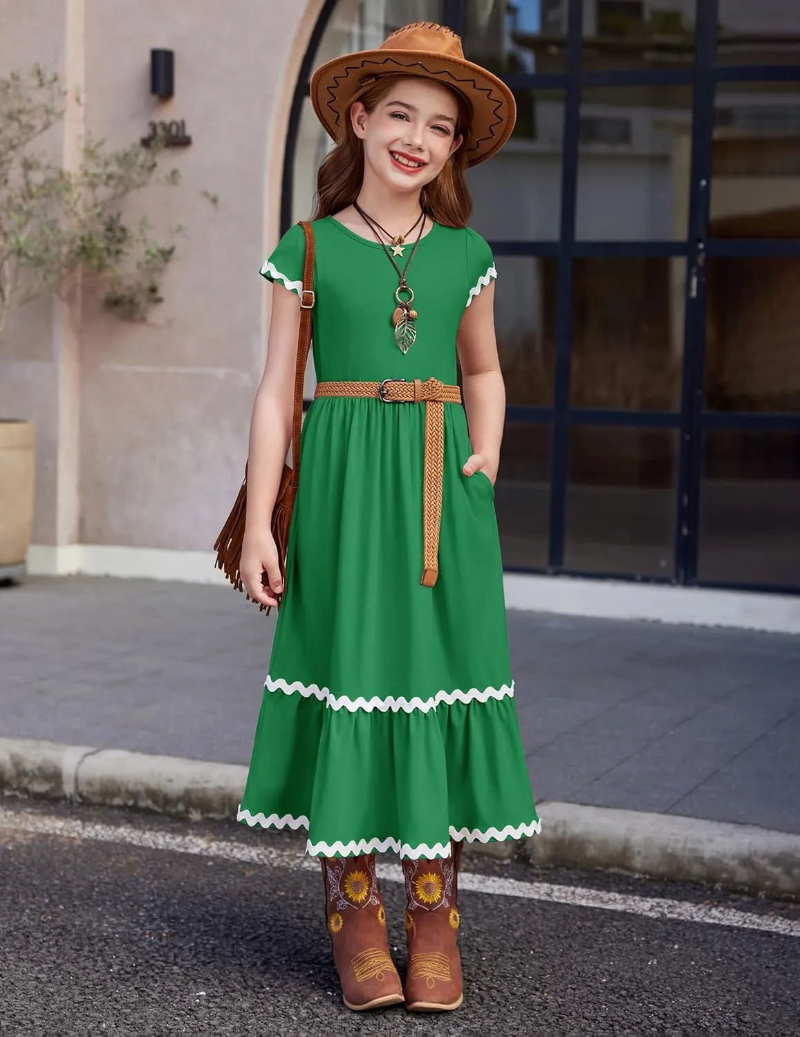 Arshiner Girls Summer Maxi Dresses Short Sleeve Casual Flowy Tiered Dress with Pockets for 4-14 Years