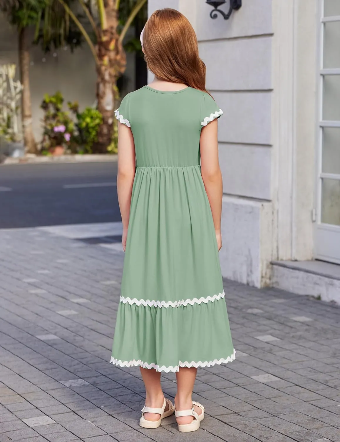 Arshiner Girls Summer Maxi Dresses Short Sleeve Casual Flowy Tiered Dress with Pockets for 4-14 Years