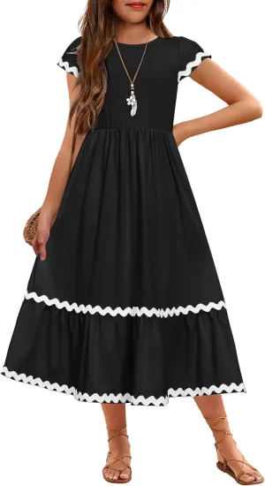 Arshiner Girls Summer Maxi Dresses Short Sleeve Casual Flowy Tiered Dress with Pockets for 4-14 Years