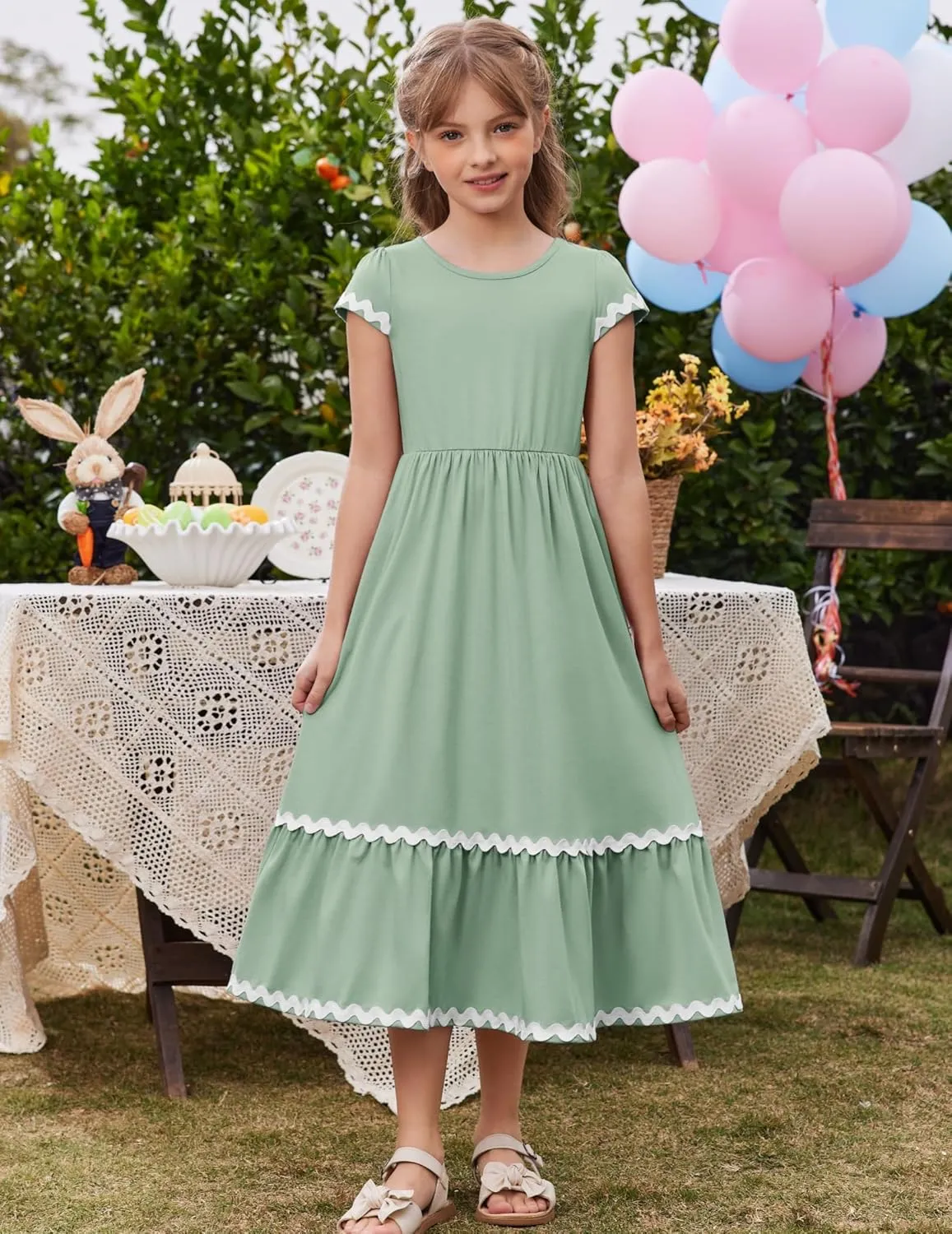 Arshiner Girls Summer Maxi Dresses Short Sleeve Casual Flowy Tiered Dress with Pockets for 4-14 Years
