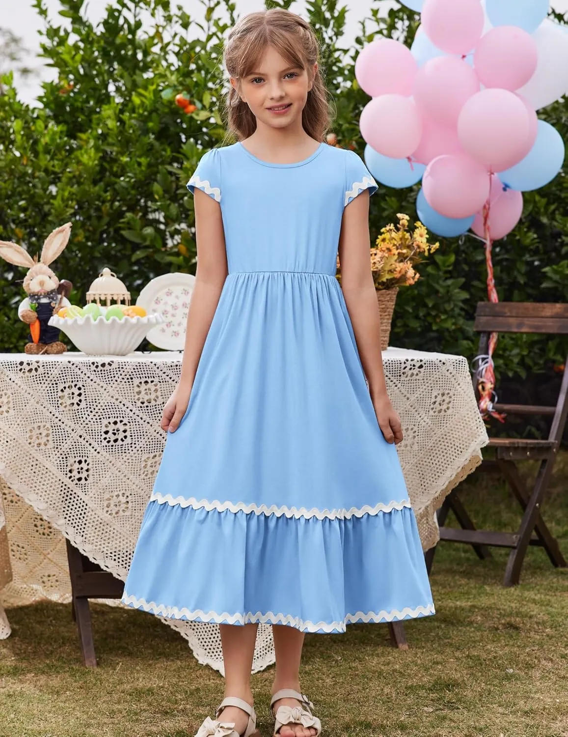 Arshiner Girls Summer Maxi Dresses Short Sleeve Casual Flowy Tiered Dress with Pockets for 4-14 Years