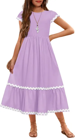 Arshiner Girls Summer Maxi Dresses Short Sleeve Casual Flowy Tiered Dress with Pockets for 4-14 Years
