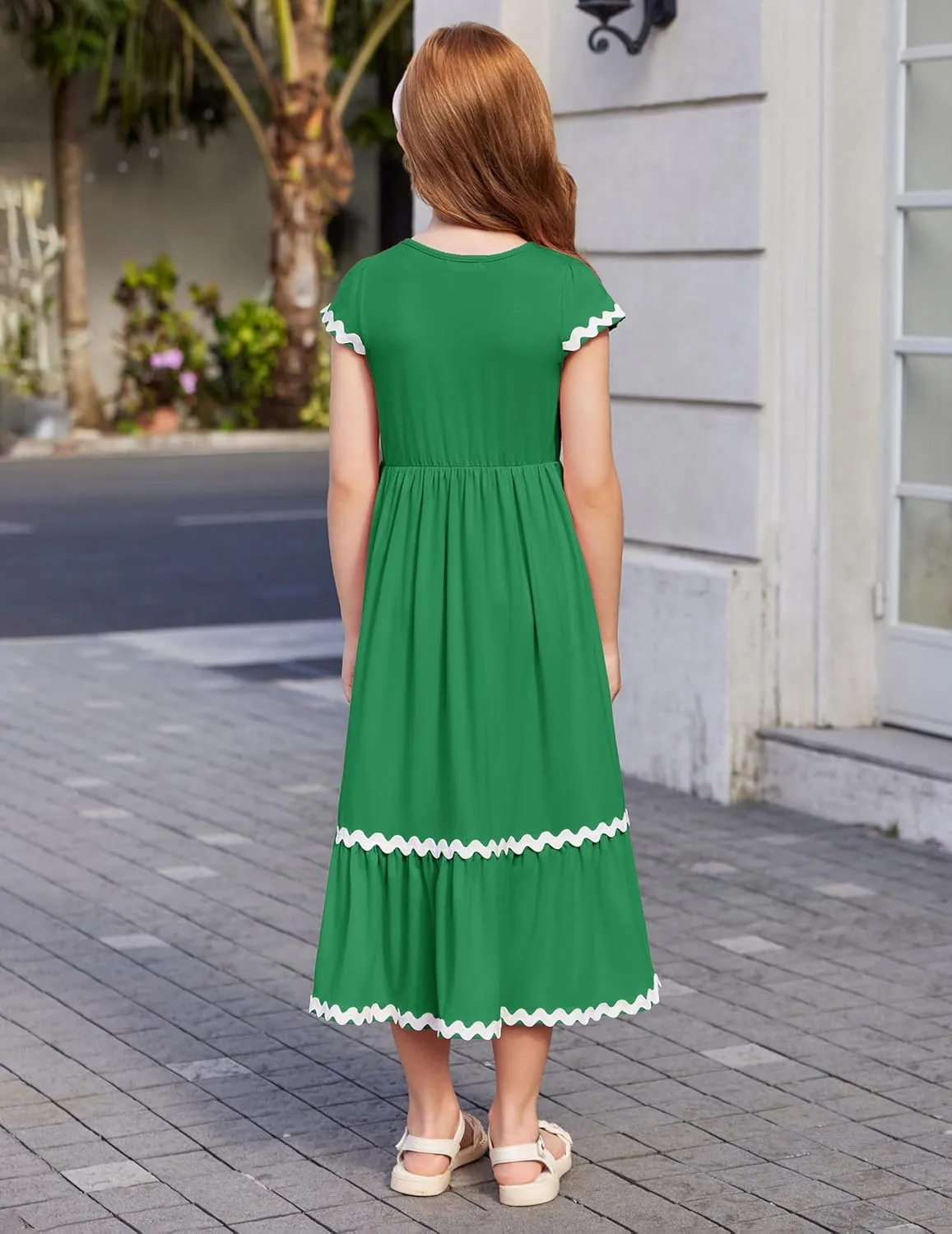 Arshiner Girls Summer Maxi Dresses Short Sleeve Casual Flowy Tiered Dress with Pockets for 4-14 Years