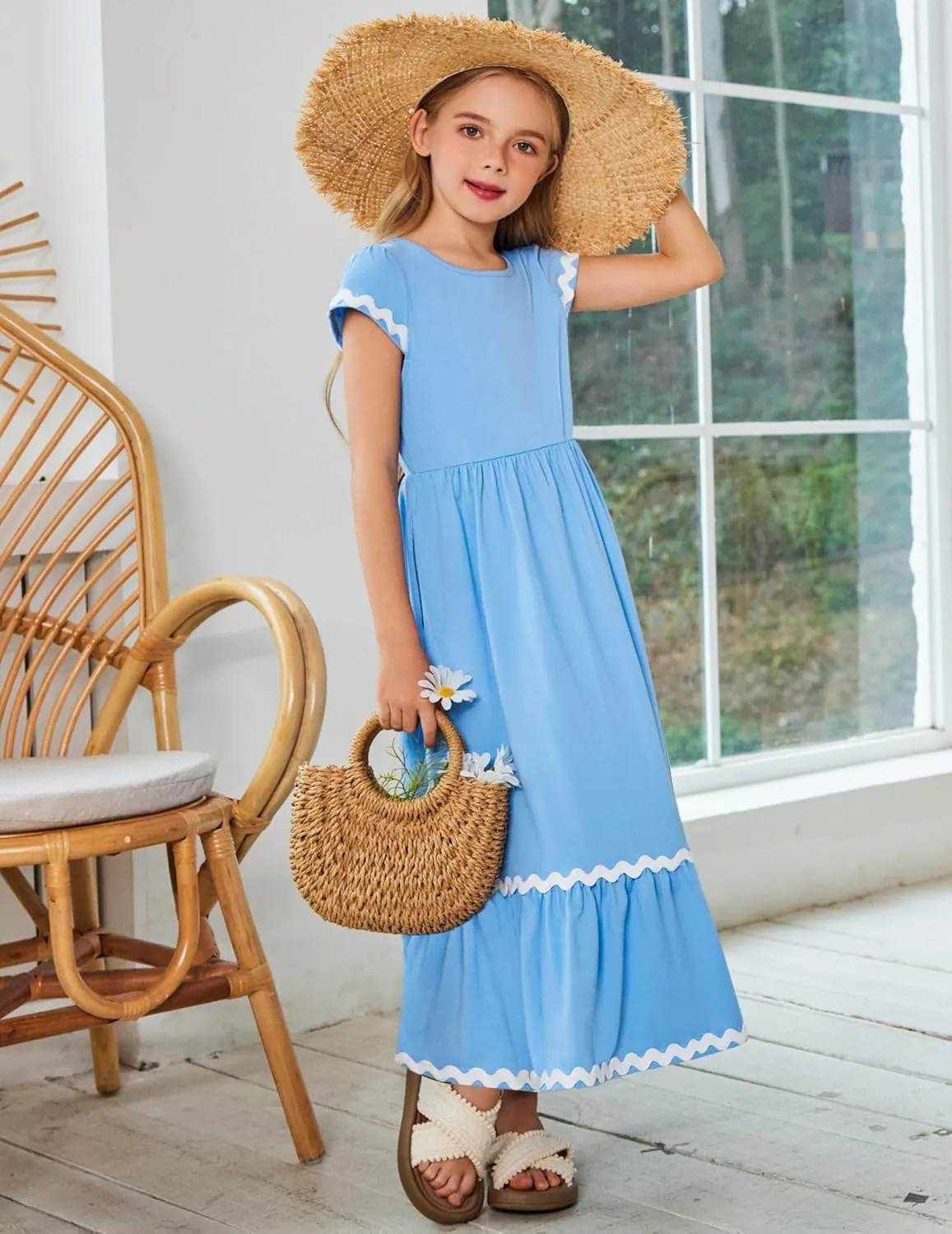 Arshiner Girls Summer Maxi Dresses Short Sleeve Casual Flowy Tiered Dress with Pockets for 4-14 Years