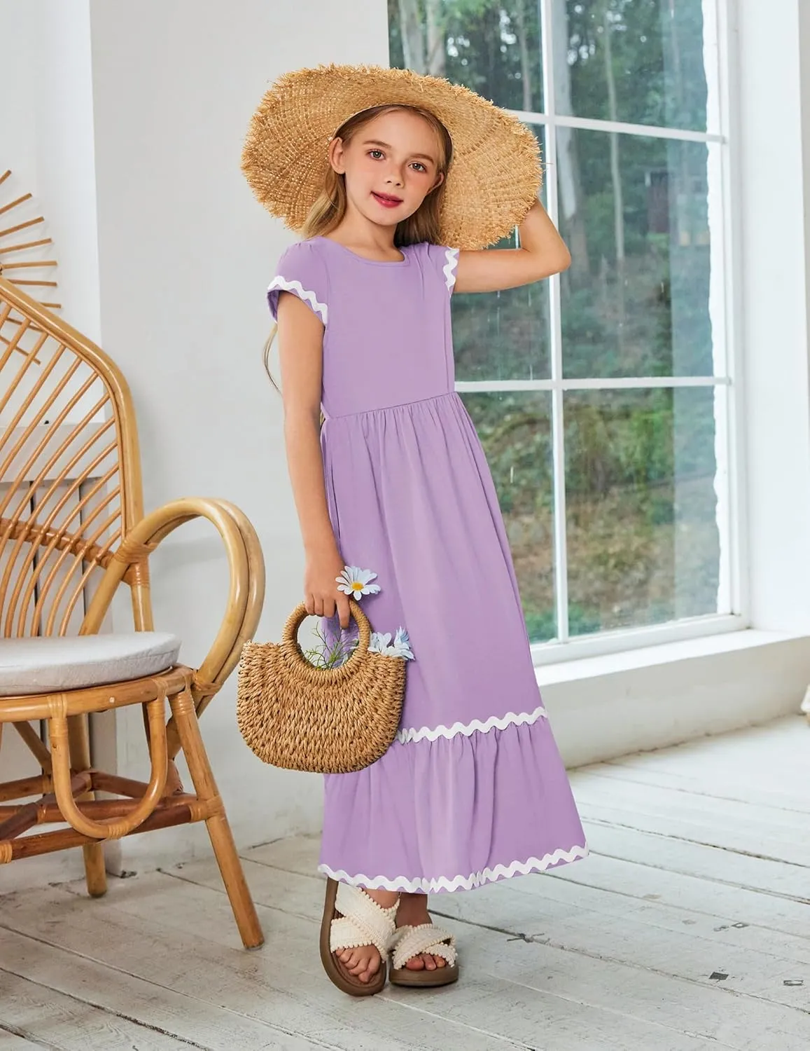 Arshiner Girls Summer Maxi Dresses Short Sleeve Casual Flowy Tiered Dress with Pockets for 4-14 Years