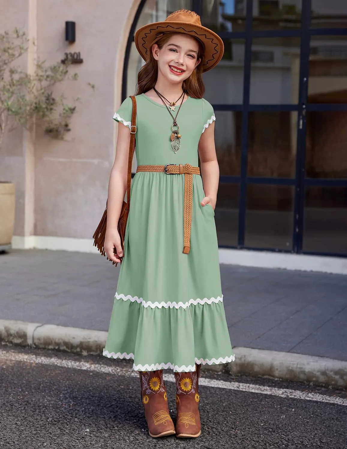 Arshiner Girls Summer Maxi Dresses Short Sleeve Casual Flowy Tiered Dress with Pockets for 4-14 Years