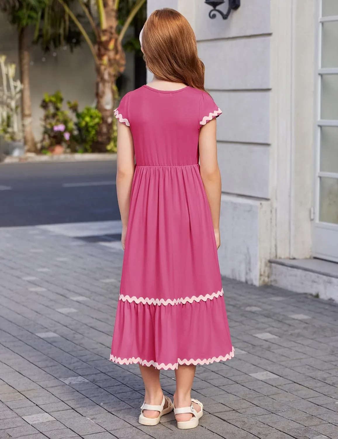 Arshiner Girls Summer Maxi Dresses Short Sleeve Casual Flowy Tiered Dress with Pockets for 4-14 Years