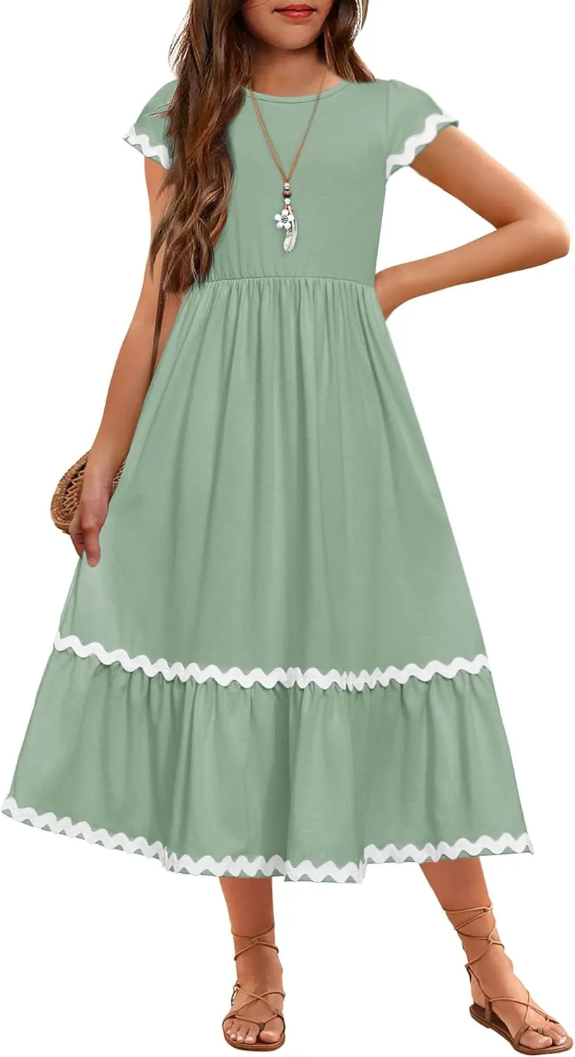 Arshiner Girls Summer Maxi Dresses Short Sleeve Casual Flowy Tiered Dress with Pockets for 4-14 Years