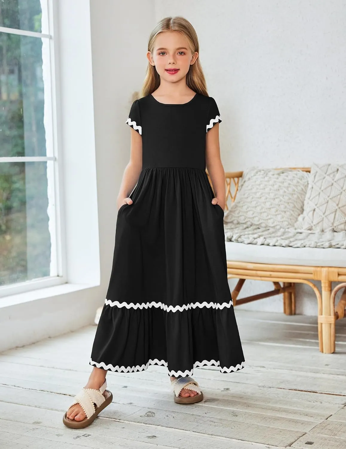 Arshiner Girls Summer Maxi Dresses Short Sleeve Casual Flowy Tiered Dress with Pockets for 4-14 Years
