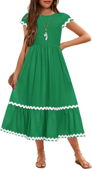 Arshiner Girls Summer Maxi Dresses Short Sleeve Casual Flowy Tiered Dress with Pockets for 4-14 Years