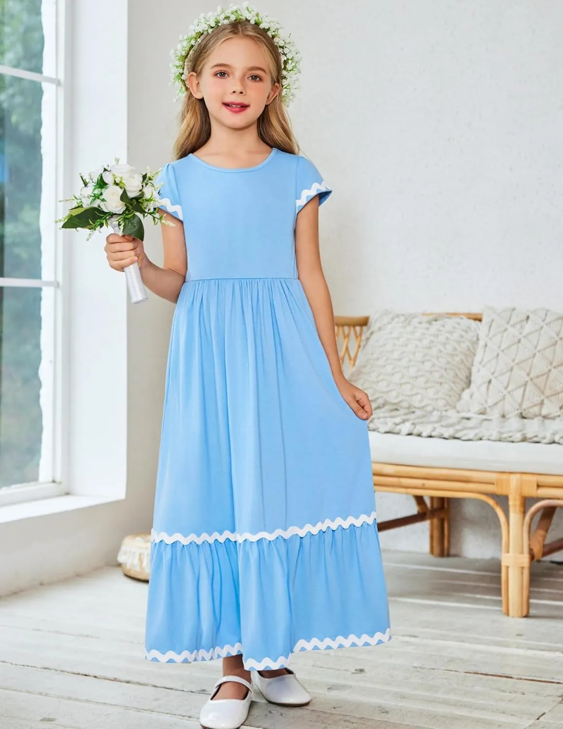 Arshiner Girls Summer Maxi Dresses Short Sleeve Casual Flowy Tiered Dress with Pockets for 4-14 Years