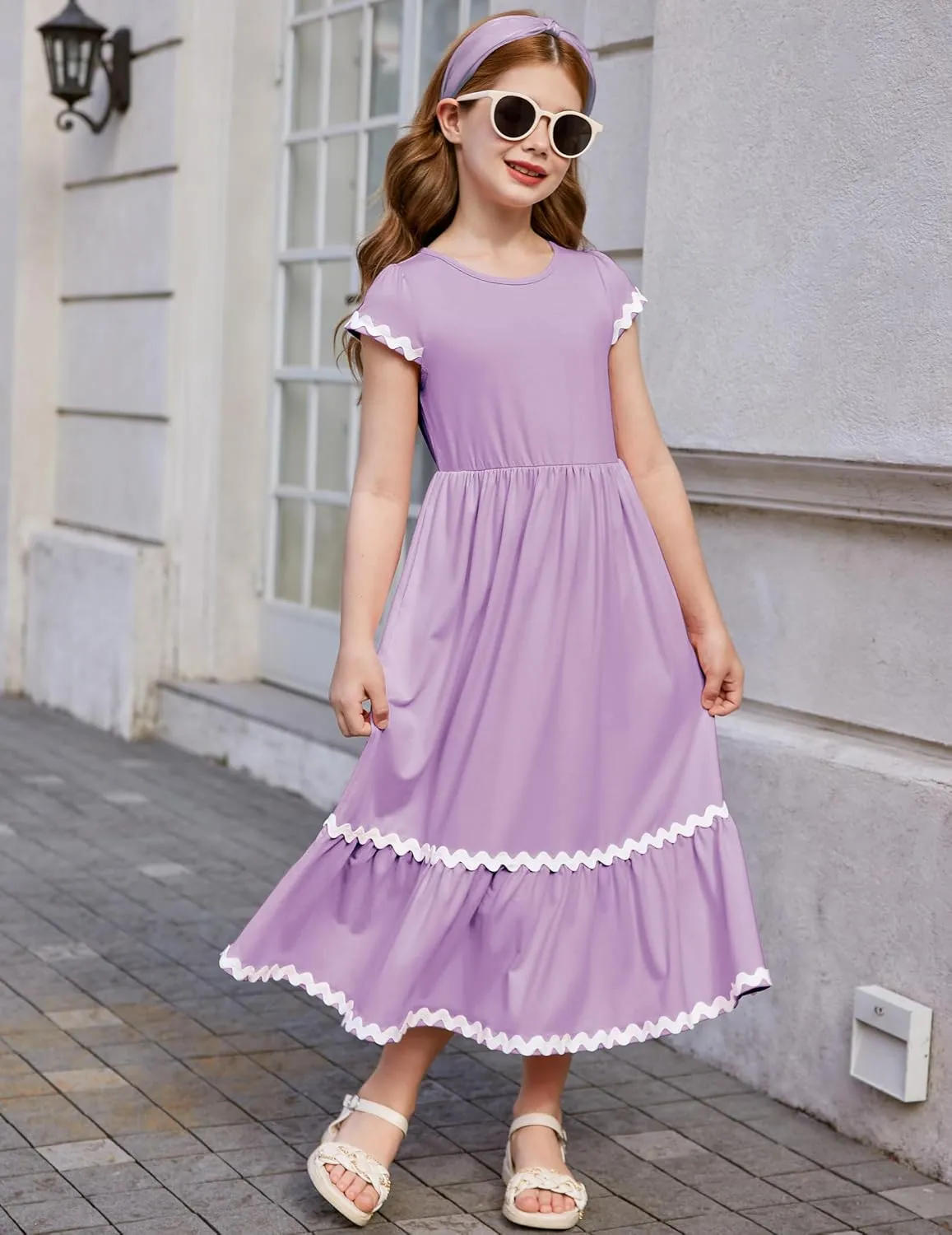 Arshiner Girls Summer Maxi Dresses Short Sleeve Casual Flowy Tiered Dress with Pockets for 4-14 Years