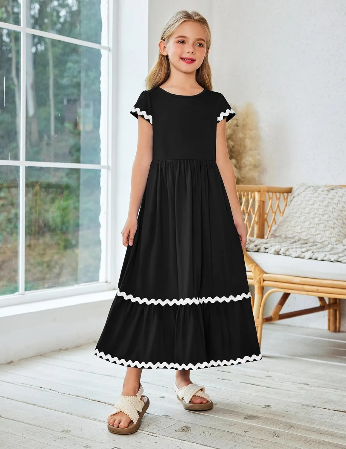 Arshiner Girls Summer Maxi Dresses Short Sleeve Casual Flowy Tiered Dress with Pockets for 4-14 Years