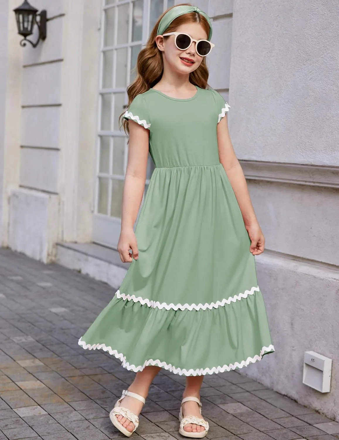 Arshiner Girls Summer Maxi Dresses Short Sleeve Casual Flowy Tiered Dress with Pockets for 4-14 Years