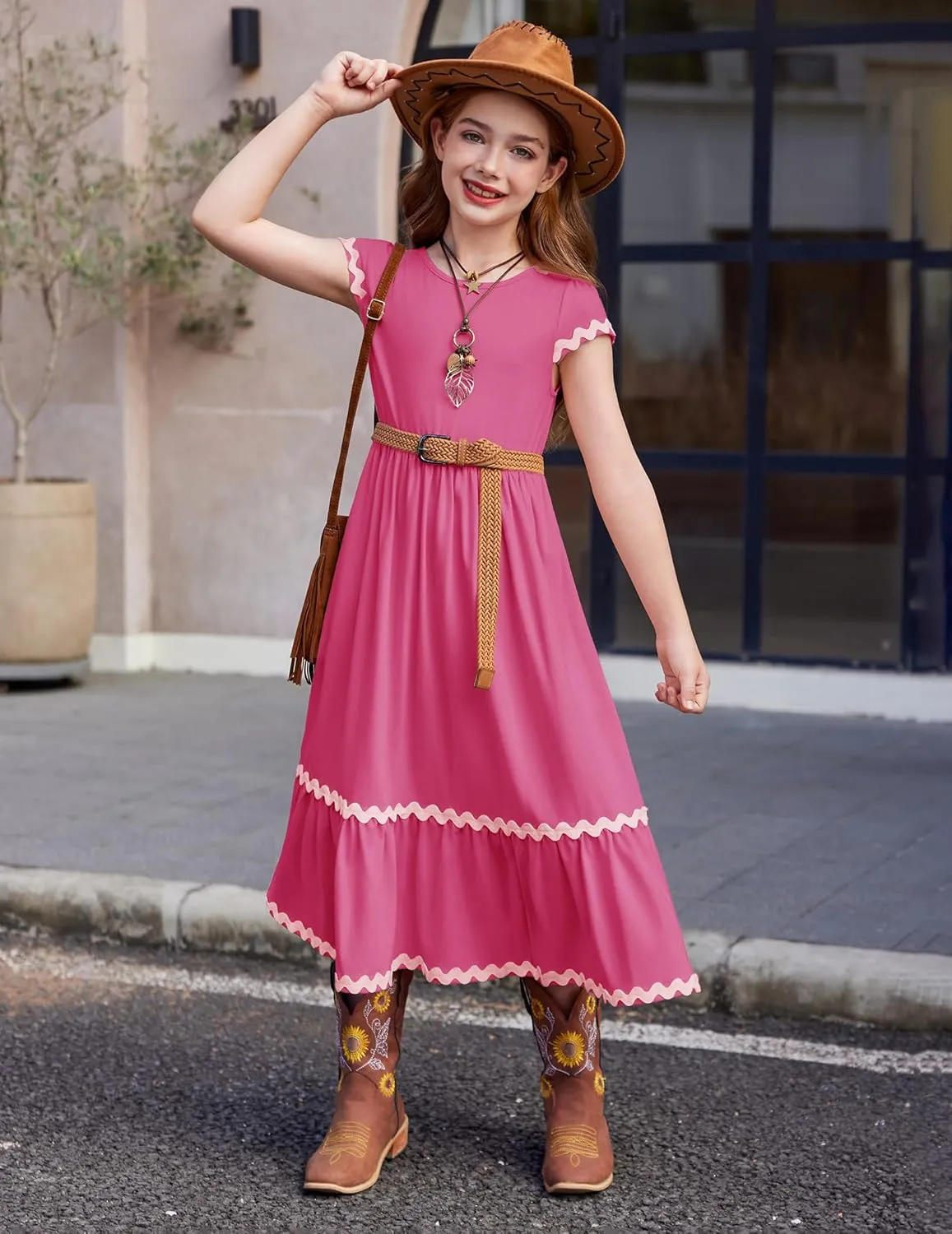 Arshiner Girls Summer Maxi Dresses Short Sleeve Casual Flowy Tiered Dress with Pockets for 4-14 Years