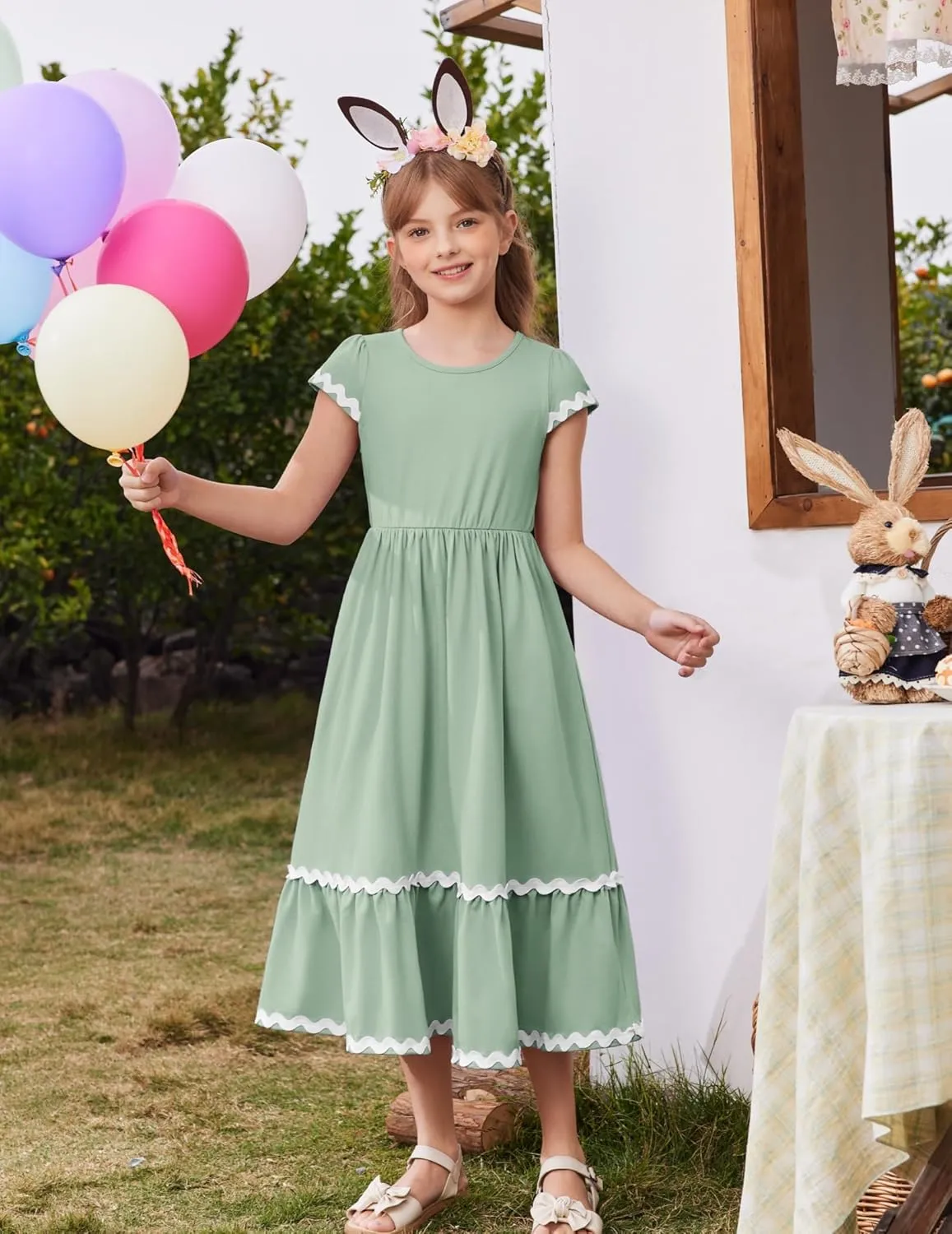Arshiner Girls Summer Maxi Dresses Short Sleeve Casual Flowy Tiered Dress with Pockets for 4-14 Years