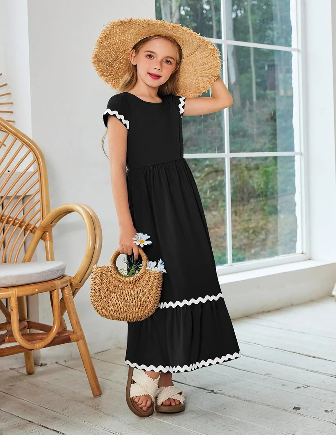 Arshiner Girls Summer Maxi Dresses Short Sleeve Casual Flowy Tiered Dress with Pockets for 4-14 Years