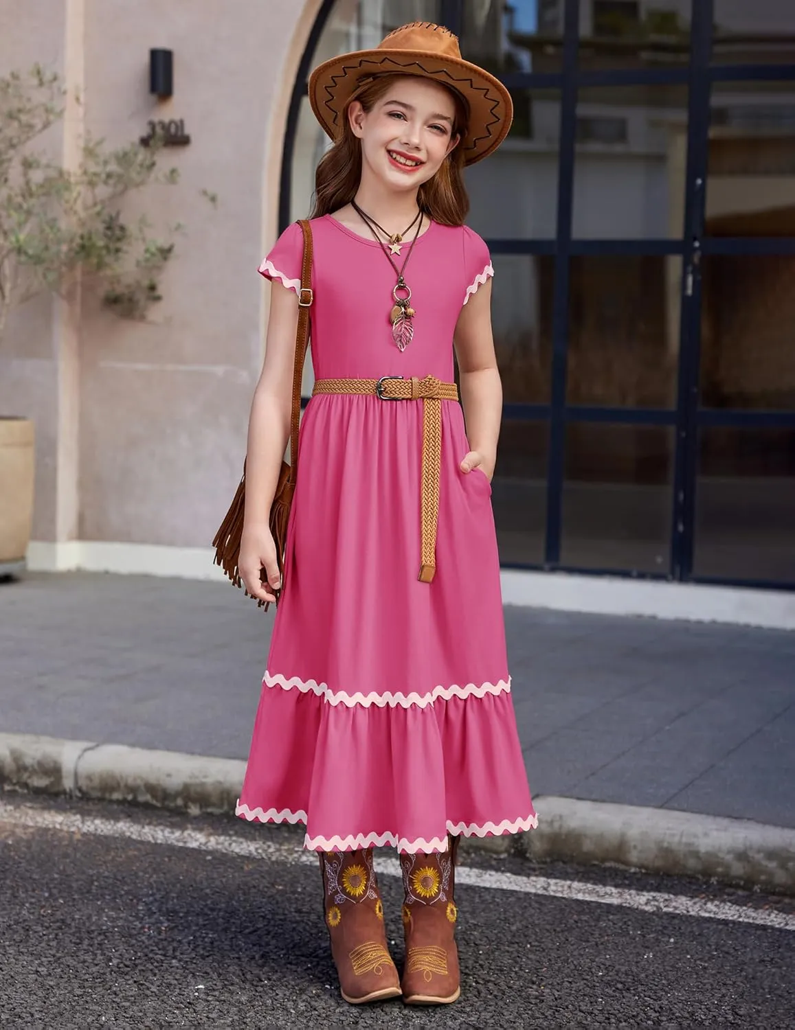 Arshiner Girls Summer Maxi Dresses Short Sleeve Casual Flowy Tiered Dress with Pockets for 4-14 Years