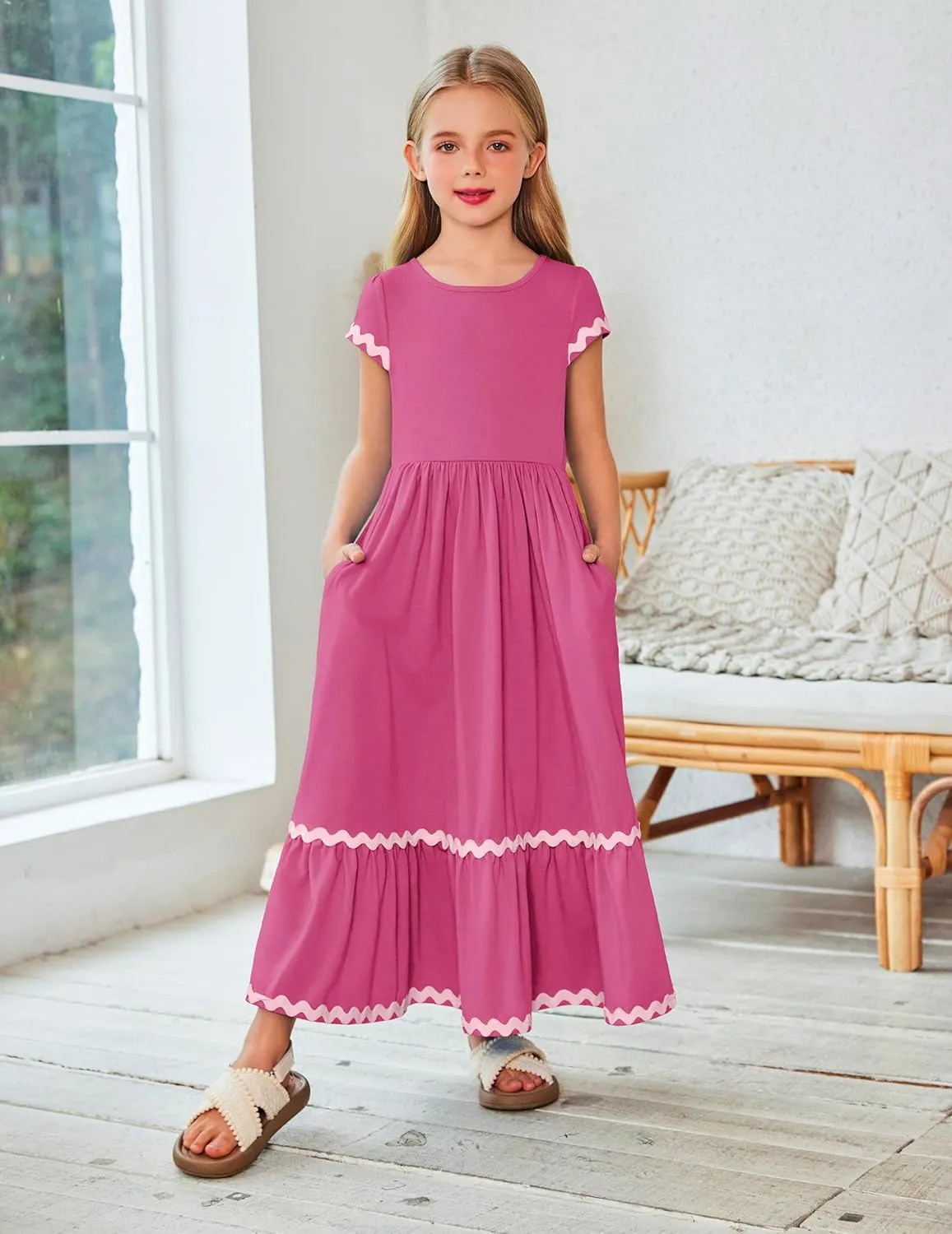 Arshiner Girls Summer Maxi Dresses Short Sleeve Casual Flowy Tiered Dress with Pockets for 4-14 Years