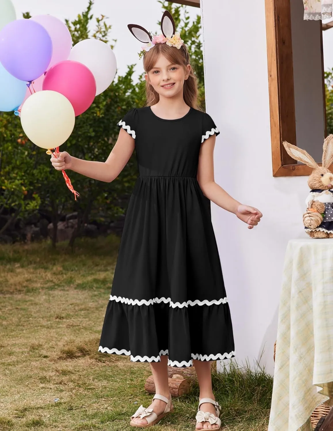 Arshiner Girls Summer Maxi Dresses Short Sleeve Casual Flowy Tiered Dress with Pockets for 4-14 Years