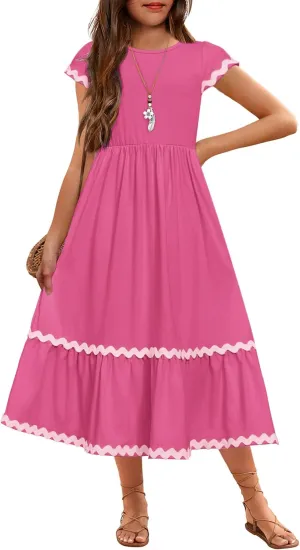Arshiner Girls Summer Maxi Dresses Short Sleeve Casual Flowy Tiered Dress with Pockets for 4-14 Years