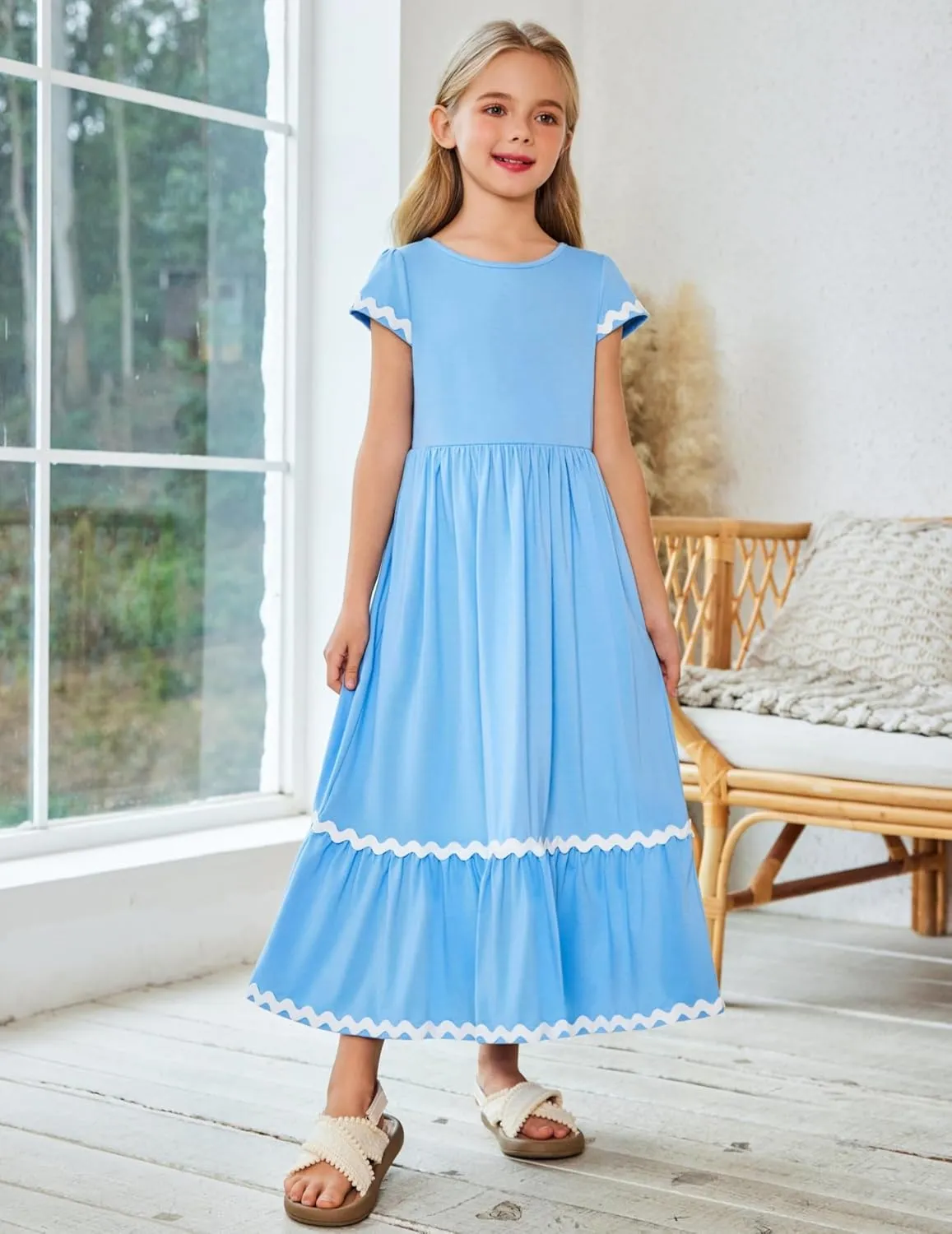 Arshiner Girls Summer Maxi Dresses Short Sleeve Casual Flowy Tiered Dress with Pockets for 4-14 Years