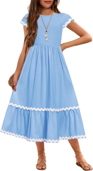 Arshiner Girls Summer Maxi Dresses Short Sleeve Casual Flowy Tiered Dress with Pockets for 4-14 Years