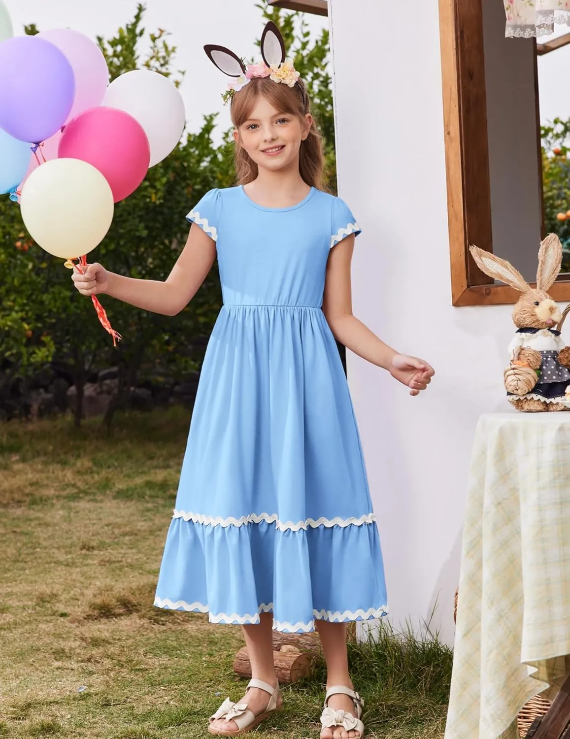 Arshiner Girls Summer Maxi Dresses Short Sleeve Casual Flowy Tiered Dress with Pockets for 4-14 Years