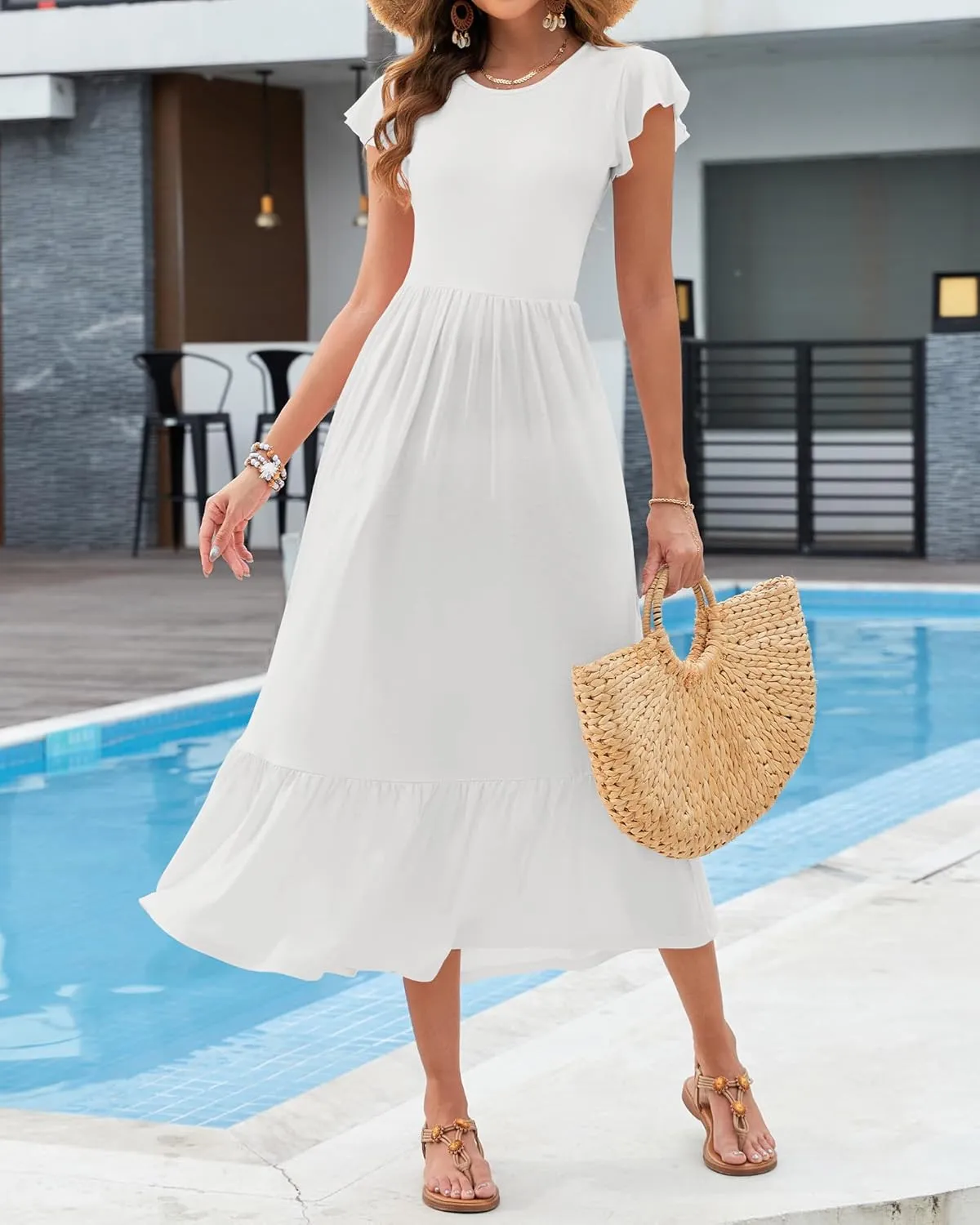 AUSELILY Womens Summer Maxi Dresses 2025 Casual Ruffle Sleeve Crewneck Loose Flowy Tiered Beach Sundress with Pockets
