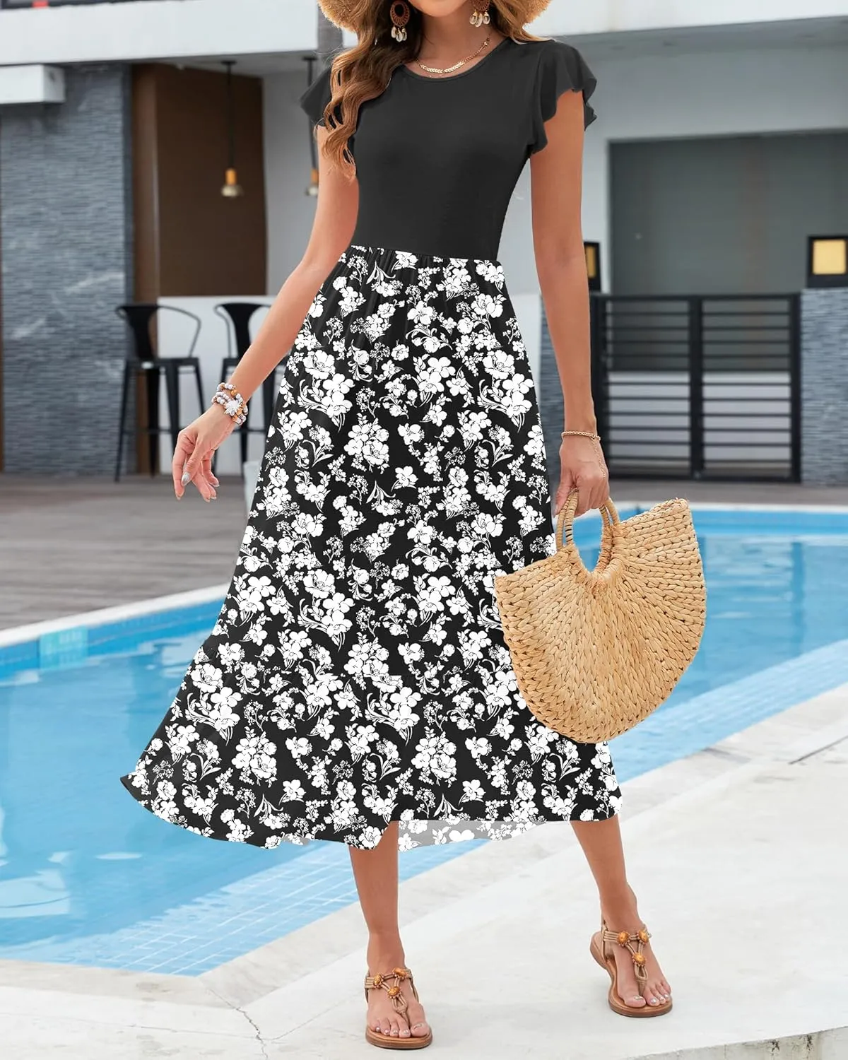 AUSELILY Womens Summer Maxi Dresses 2025 Casual Ruffle Sleeve Crewneck Loose Flowy Tiered Beach Sundress with Pockets