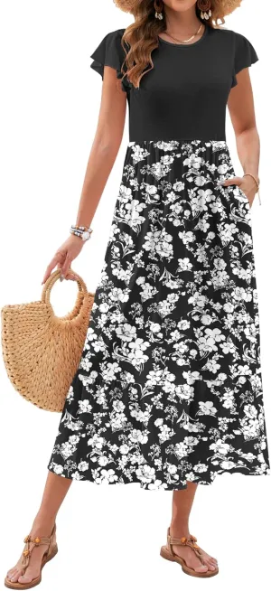 AUSELILY Womens Summer Maxi Dresses 2025 Casual Ruffle Sleeve Crewneck Loose Flowy Tiered Beach Sundress with Pockets