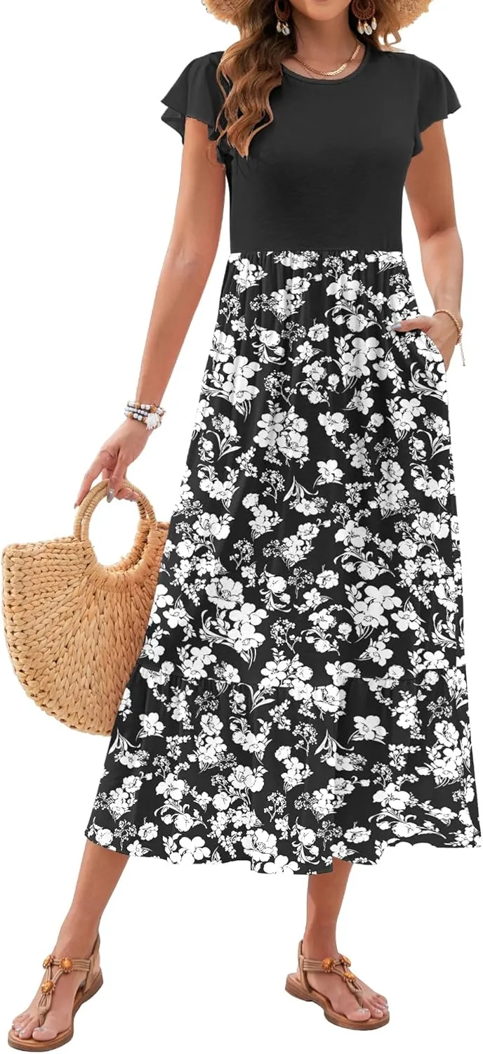 AUSELILY Womens Summer Maxi Dresses 2025 Casual Ruffle Sleeve Crewneck Loose Flowy Tiered Beach Sundress with Pockets