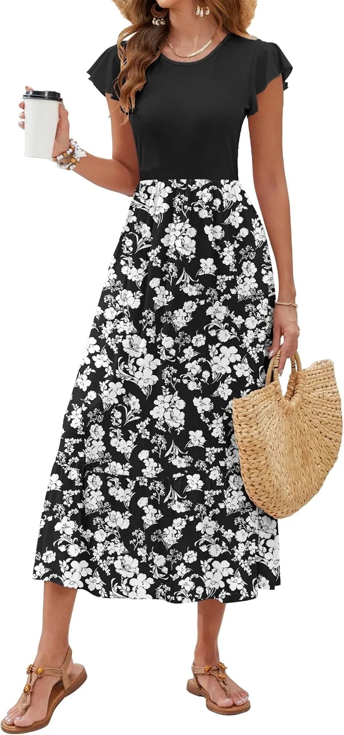 AUSELILY Womens Summer Maxi Dresses 2025 Casual Ruffle Sleeve Crewneck Loose Flowy Tiered Beach Sundress with Pockets