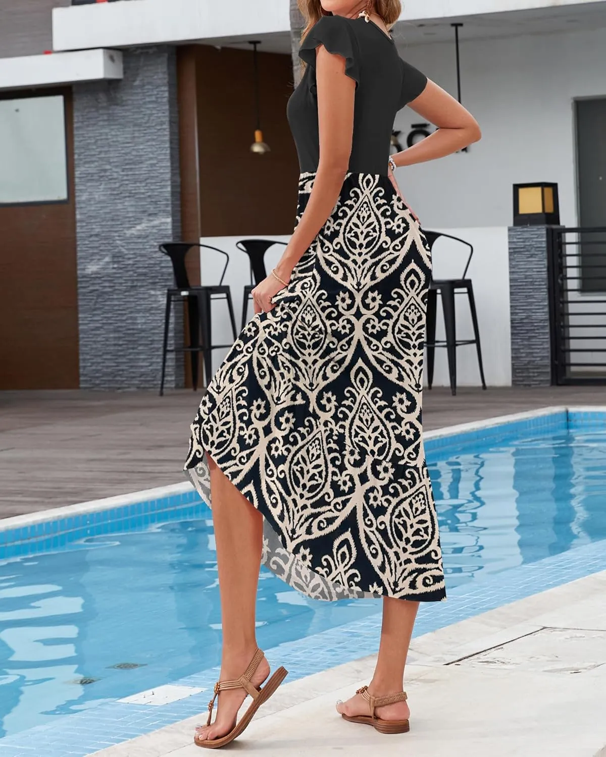 AUSELILY Womens Summer Maxi Dresses 2025 Casual Ruffle Sleeve Crewneck Loose Flowy Tiered Beach Sundress with Pockets
