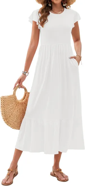 AUSELILY Womens Summer Maxi Dresses 2025 Casual Ruffle Sleeve Crewneck Loose Flowy Tiered Beach Sundress with Pockets