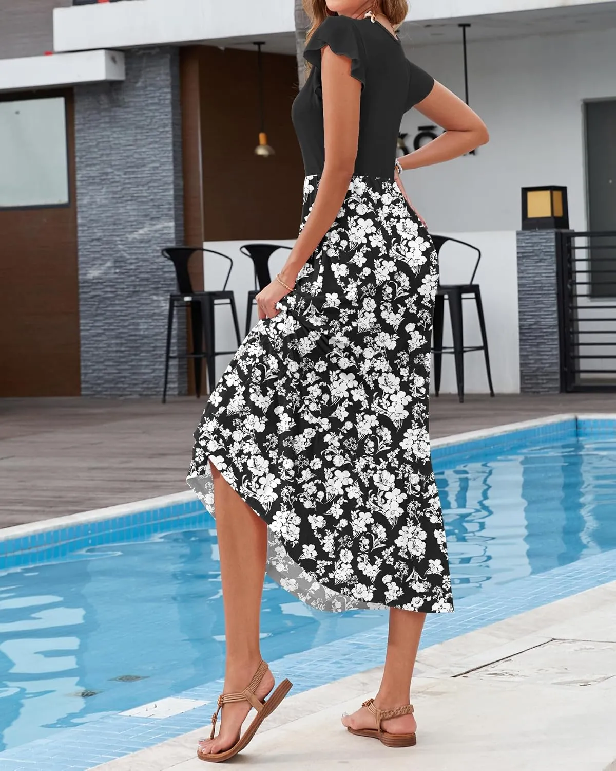 AUSELILY Womens Summer Maxi Dresses 2025 Casual Ruffle Sleeve Crewneck Loose Flowy Tiered Beach Sundress with Pockets