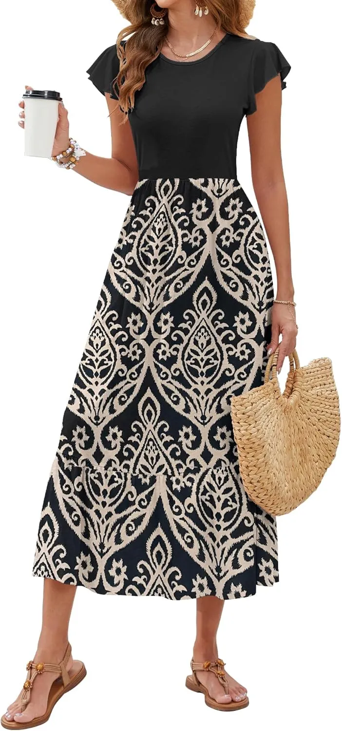 AUSELILY Womens Summer Maxi Dresses 2025 Casual Ruffle Sleeve Crewneck Loose Flowy Tiered Beach Sundress with Pockets