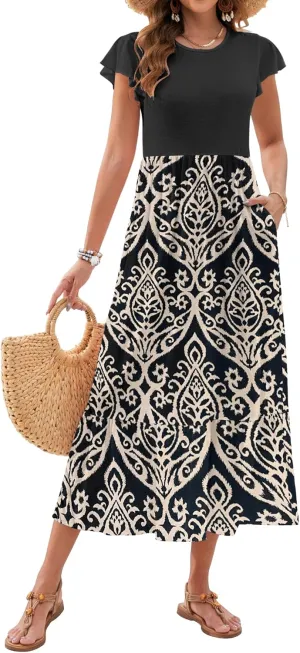 AUSELILY Womens Summer Maxi Dresses 2025 Casual Ruffle Sleeve Crewneck Loose Flowy Tiered Beach Sundress with Pockets