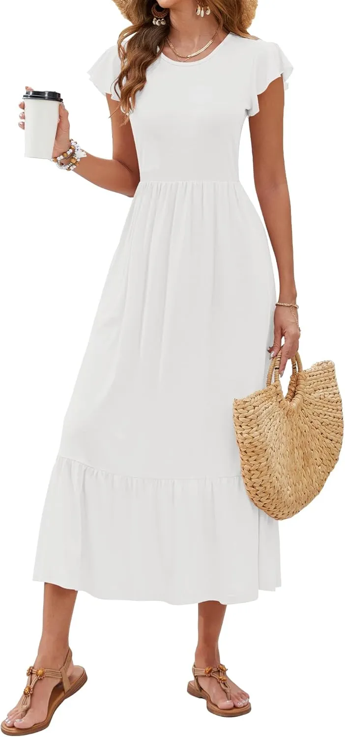 AUSELILY Womens Summer Maxi Dresses 2025 Casual Ruffle Sleeve Crewneck Loose Flowy Tiered Beach Sundress with Pockets