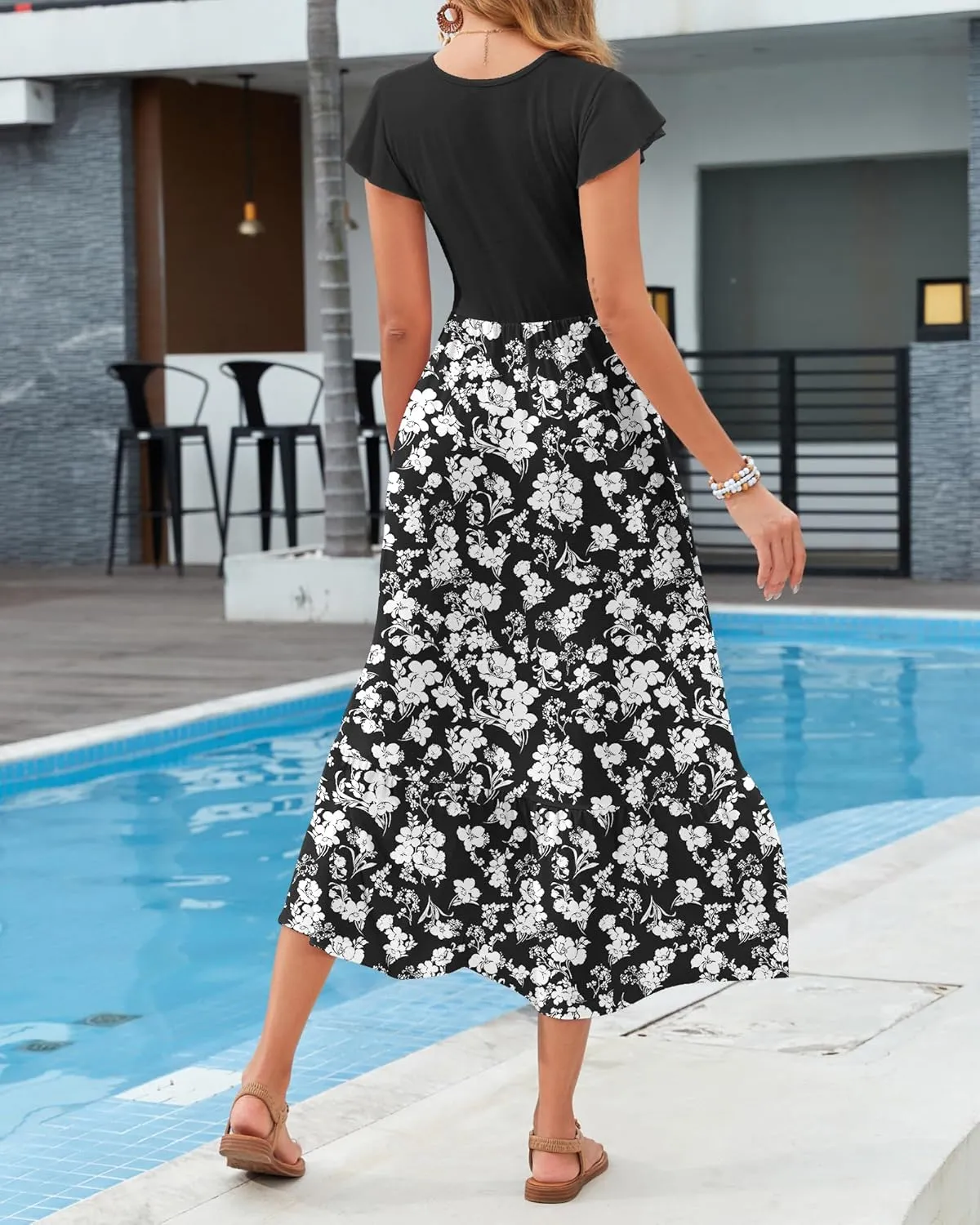 AUSELILY Womens Summer Maxi Dresses 2025 Casual Ruffle Sleeve Crewneck Loose Flowy Tiered Beach Sundress with Pockets