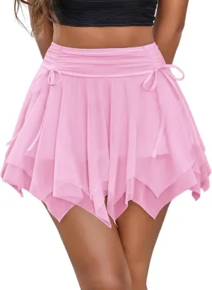 Avidlove Mini Skirts for Women Mesh Flowy Y2k Skirt Drawstring Ruched Bow Layer Asymmetrical Short Skort