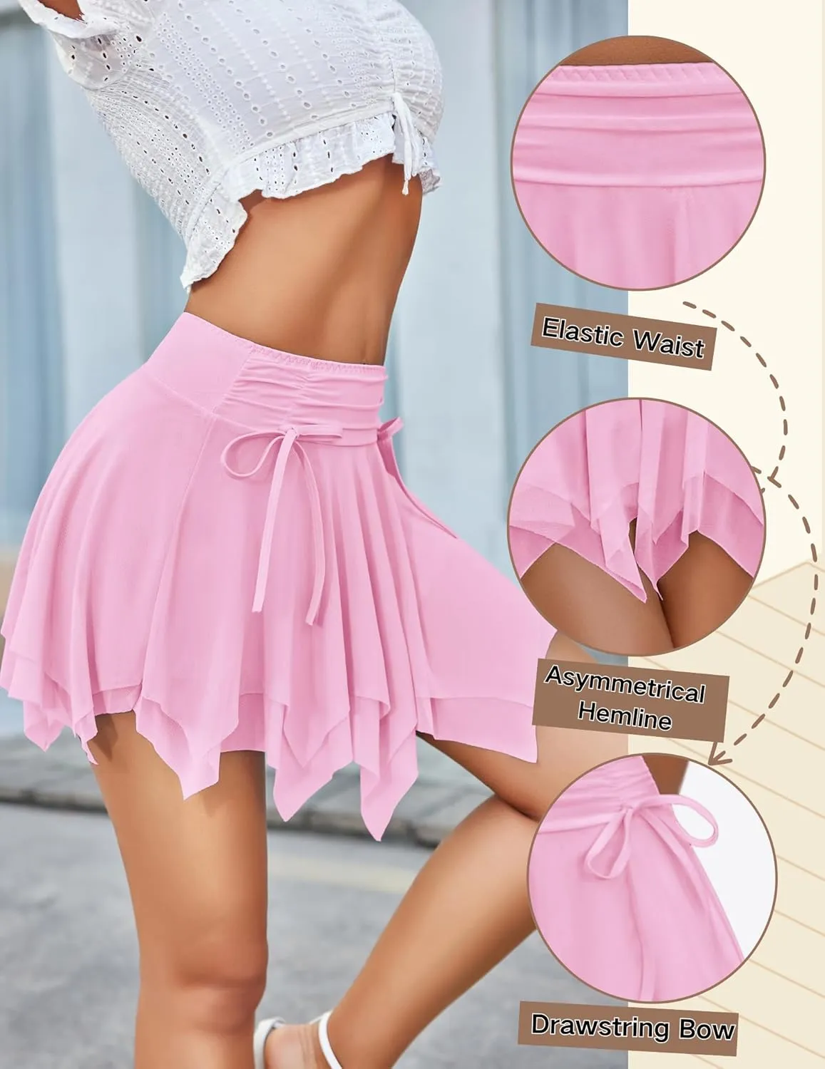 Avidlove Mini Skirts for Women Mesh Flowy Y2k Skirt Drawstring Ruched Bow Layer Asymmetrical Short Skort