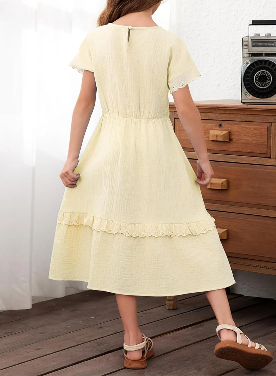 blibean Girls Cotton Short Sleeve Dresses Lace Semi Formal Dress Size 6-15 Years